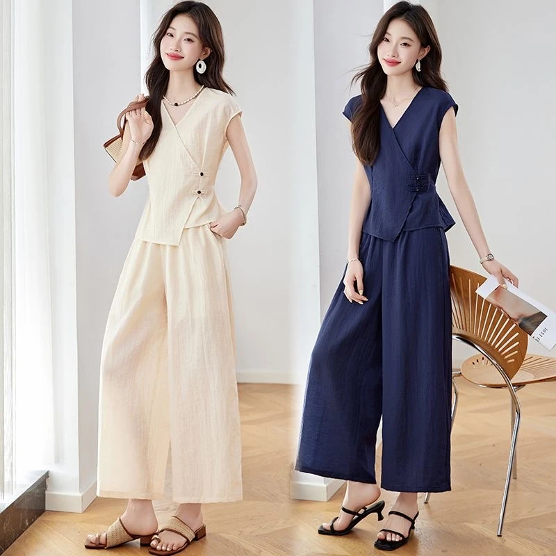 亚麻休闲无袖套装女2025年夏季新款洋气减龄通勤气质阔腿裤两件套