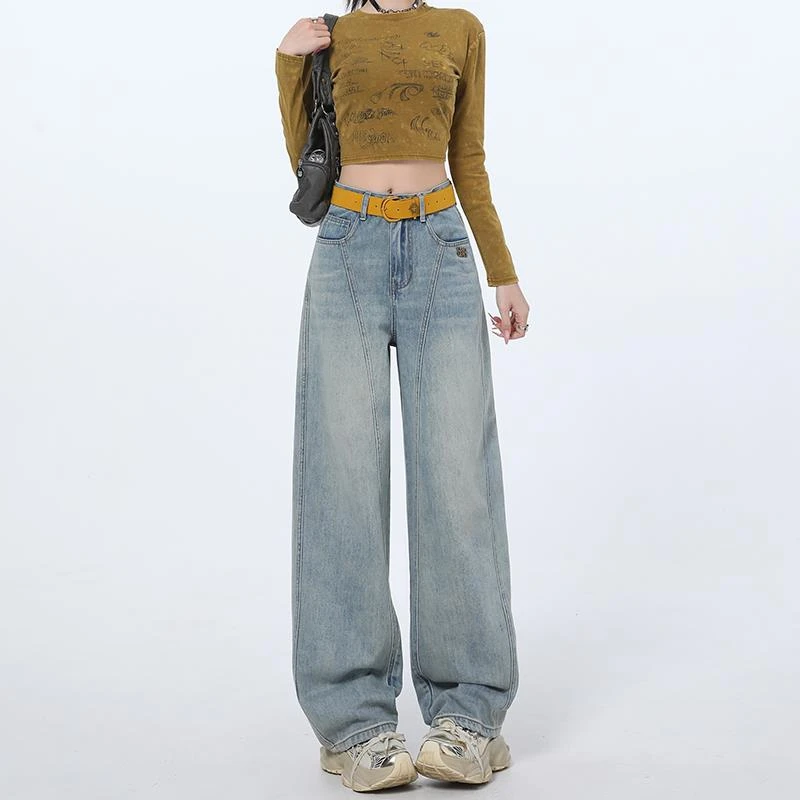 浅蓝色弯刀牛仔裤女春季2025新款美式高腰宽松直筒垂感镰刀阔腿裤