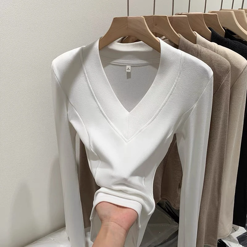 辣妹V领修身垫肩内搭打底衫女秋冬内搭可外穿高级感磨毛长袖上衣