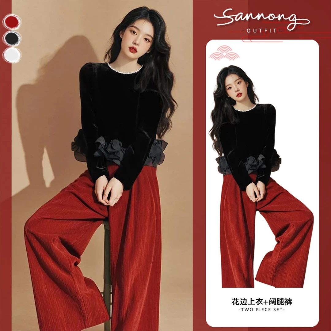新年战袍2025春季新款女装气质设计高级感花边上衣红色阔腿裤套装