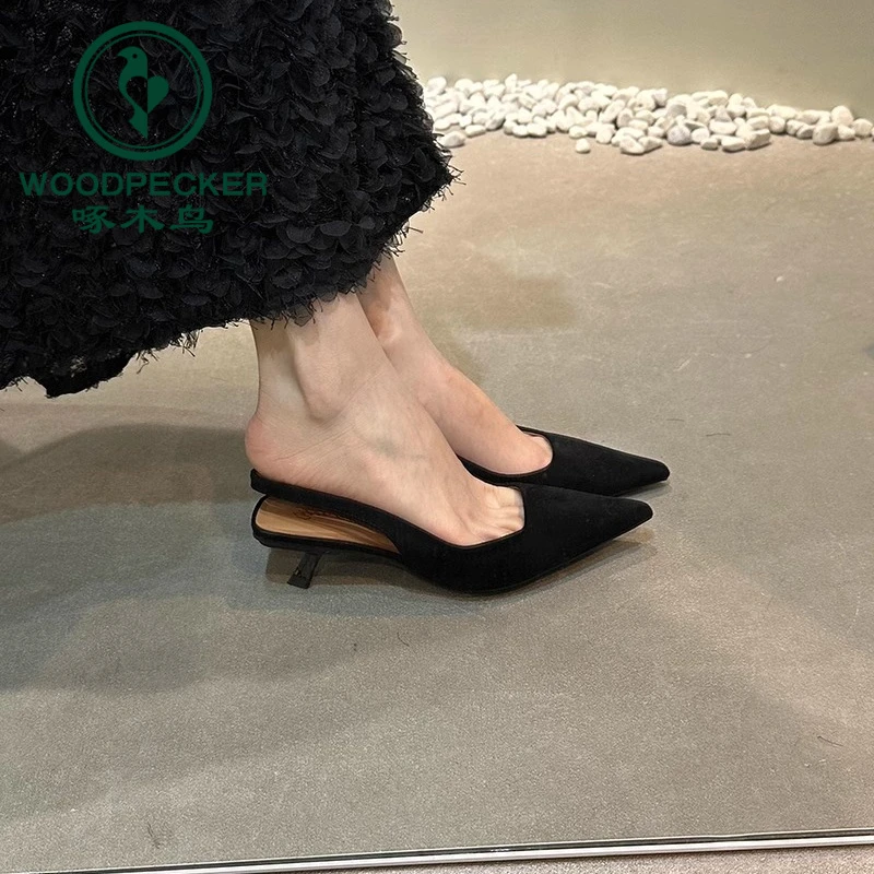 啄木鸟复古气质名媛包头尖头凉鞋女夏季细跟仙女高跟鞋后空单鞋