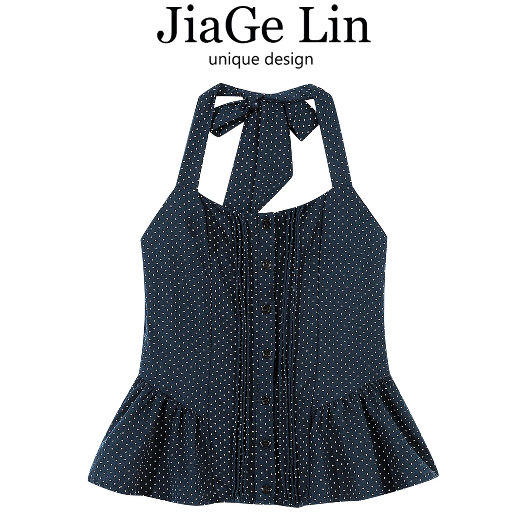 JiaGeLin韩系设计感波点挂脖辣妹吊带背心女夏季无袖修身显瘦上衣