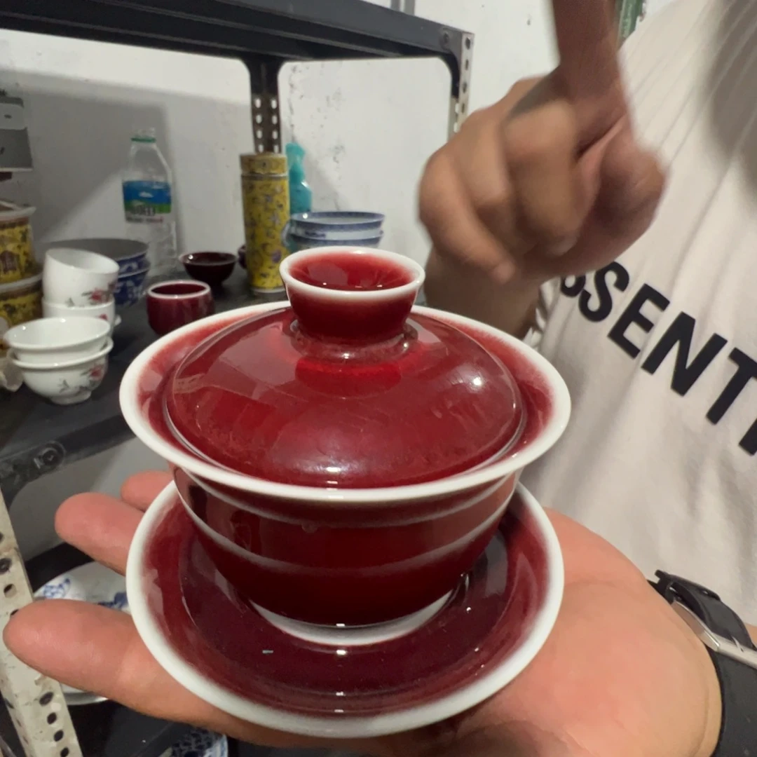 瓷片景德镇陶瓷朗红盖碗加罗汉、斗笠