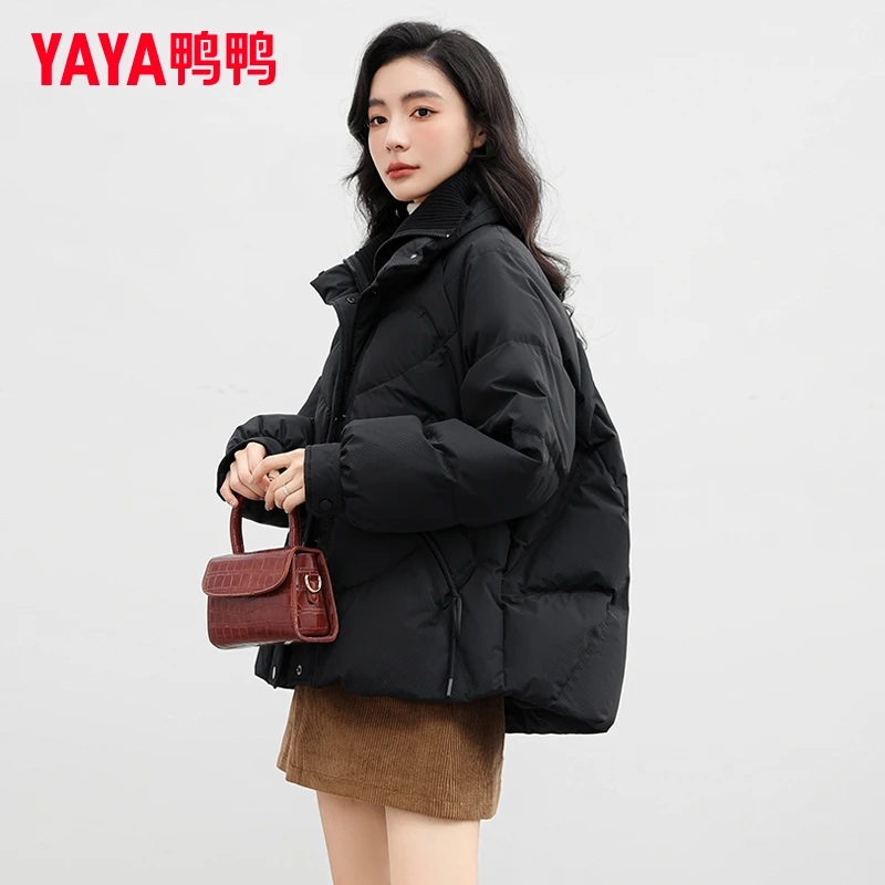 YAYA/鸭鸭品牌时尚短款羽绒服女2025新款个性针织领小个子外套潮