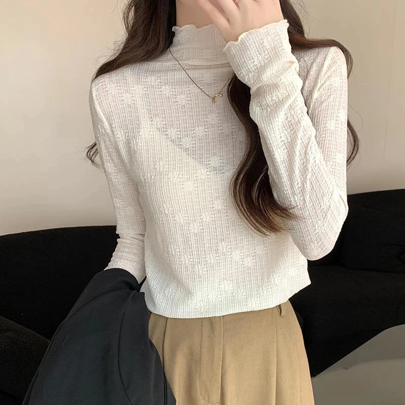 半高领打底衫女内搭秋冬2025新款修身蕾丝衫长袖T恤洋派减龄上衣