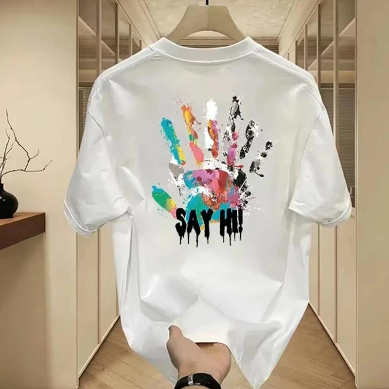 夏季彩色手掌心印花不一样的小众情侣短袖男爆款宽松重磅高端T恤