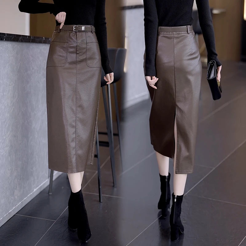 拉夏贝尔春秋2025新款pu皮裙高腰中长款半身裙直筒一步包臀长裙