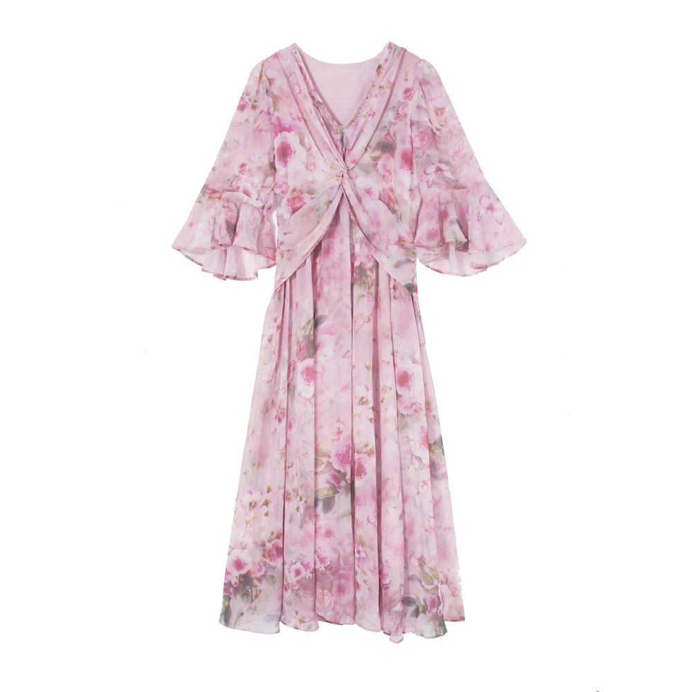 A  10016夏季V领喇叭袖中长款连衣裙