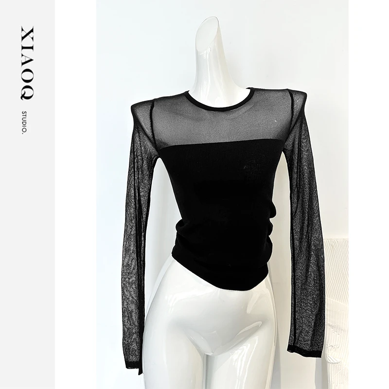 【小Q家】65587设计感拼接网纱气质上衣