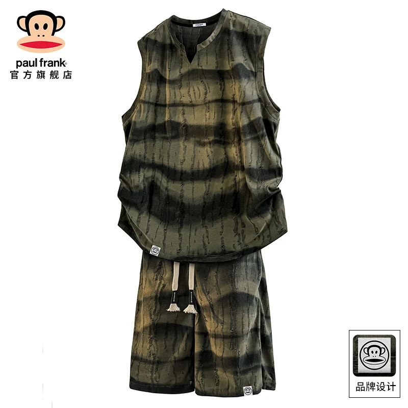 paul frank/大嘴猴夏季薄款冰丝透气休闲运动套装男设计感两件套