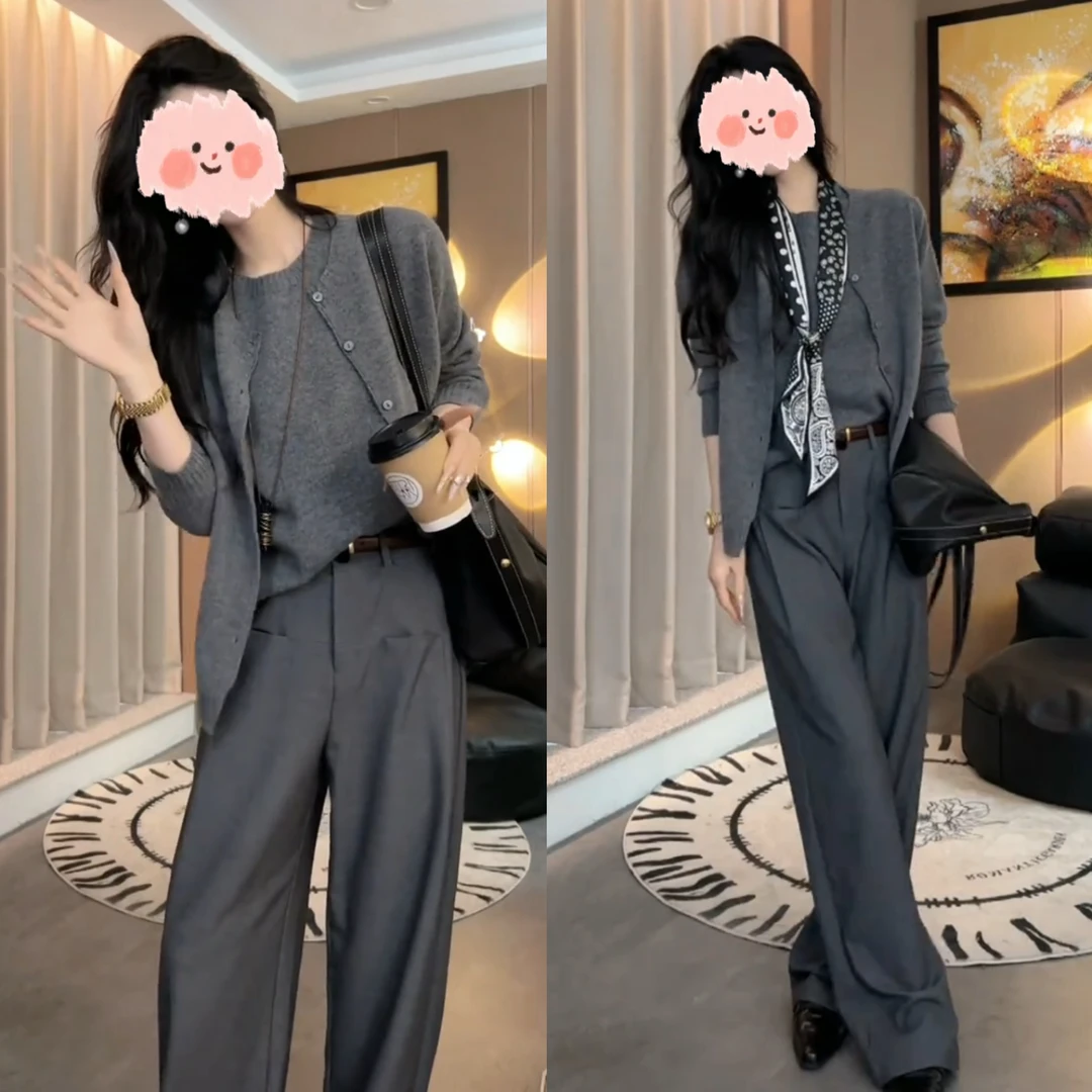 秋季套装女款爆款2025新款针织开衫外套毛衣阔腿裤西装裤秋装穿搭