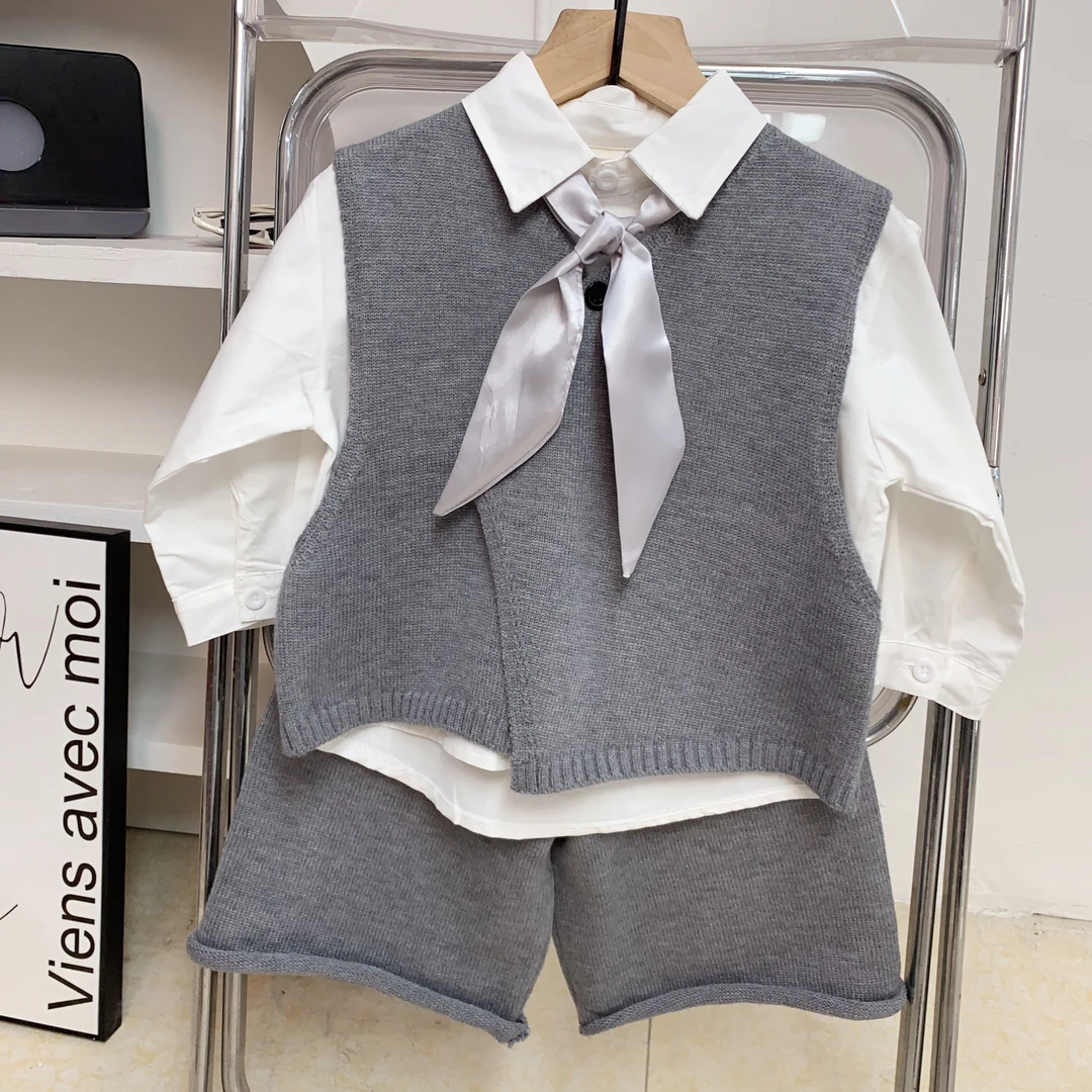 儿童韩版毛衣套装男童秋装毛线马甲领结长袖衬衫毛线裤八分裤套装