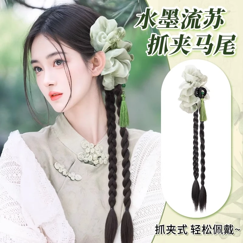 新中式麻花辫水墨流苏抓夹式马尾辨子清冷半扎发鲨鱼夹假发辫马尾