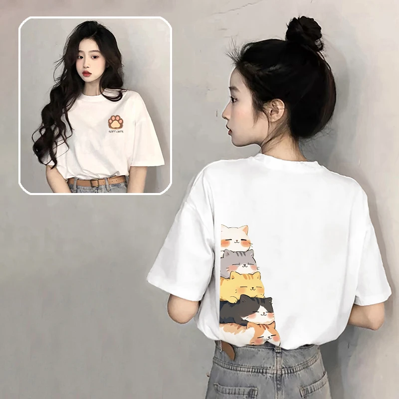 白色t恤女短袖宽松卡通猫咪2025年新款夏季欧货纯棉洋气上衣ins潮