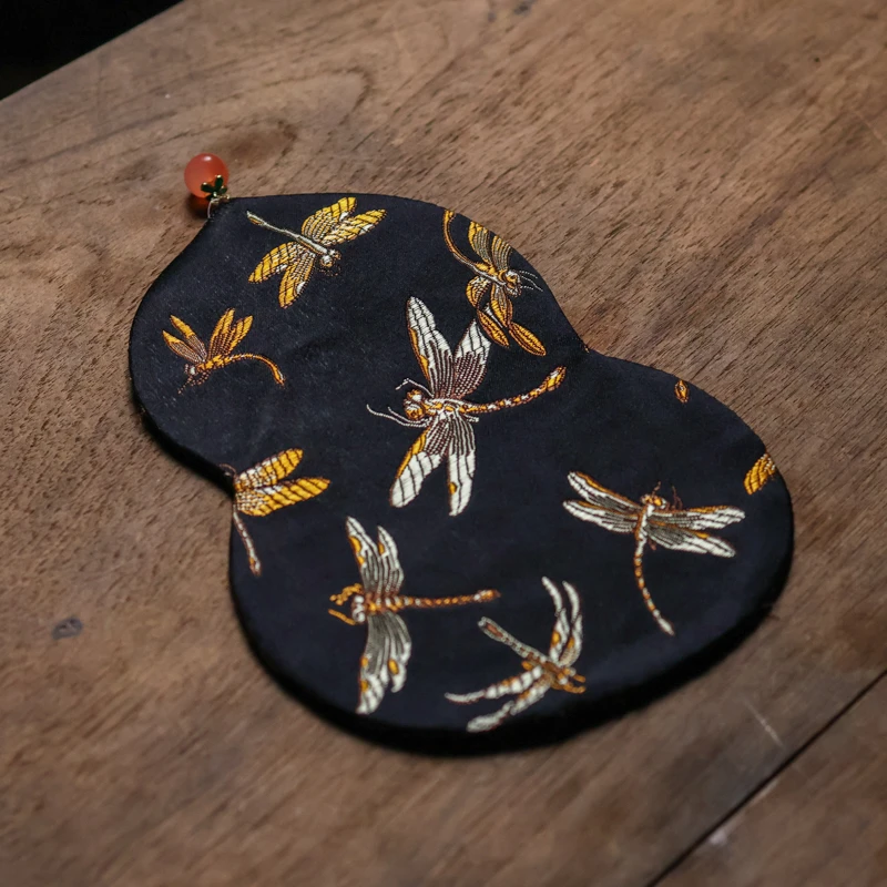 【见珊】<马上有钱+黑金蜻蜓>大号织锦葫芦茶垫（慢蓝S0672）