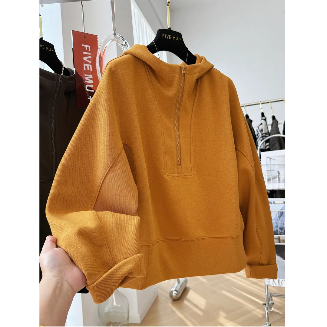 韩系穿搭宽松休闲慵懒风连帽半拉链套头卫衣女秋季巨好看的上衣潮