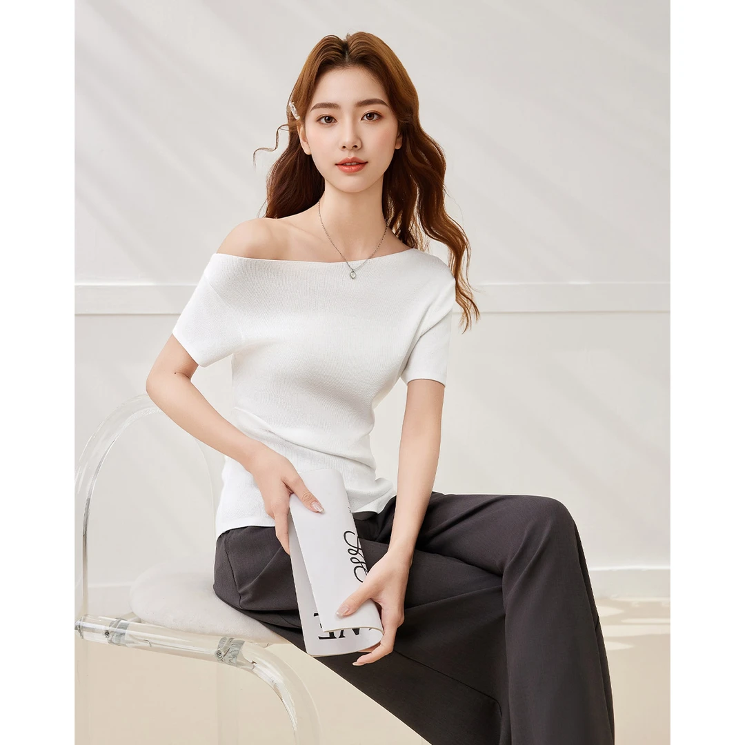 IEF/爱依服2025夏季新款韩版简约气质修身百搭露肩设计毛织上衣