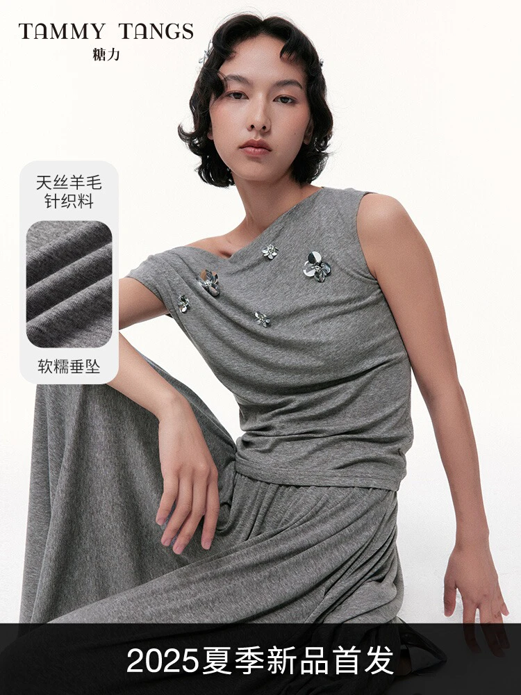 糖力2025夏季新款立体花斜肩上衣中长款半身裙两件套装女