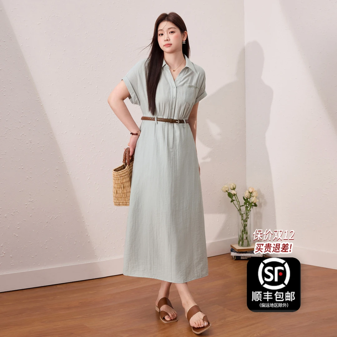 蓝语大码女装气质简约v领亚麻连衣裙2025夏季收腰显瘦衬衫a字长裙