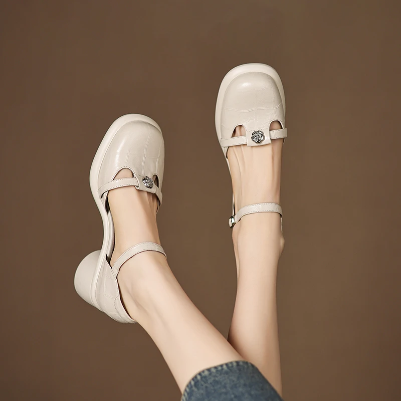 菓苒4.5cm粗跟中跟法式优雅气质复古玛丽珍鞋一字扣侧空真皮单鞋