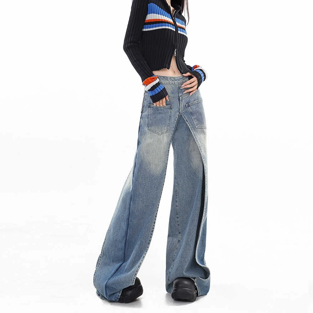 美式水洗正反两面解构做旧牛仔裤设计感假两件阔腿裤K24841