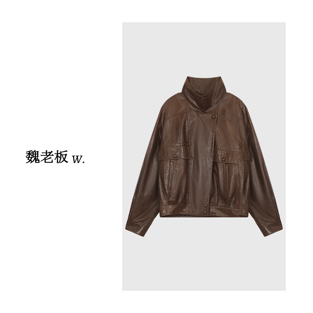 W.Diva【摩登经典】100羊皮革复古千金翻领夹克皮衣外套女51C191839