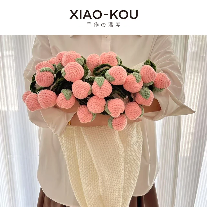 成品桃子花束毯子成品午睡花毯手工编织毛线花朵桃你欢喜