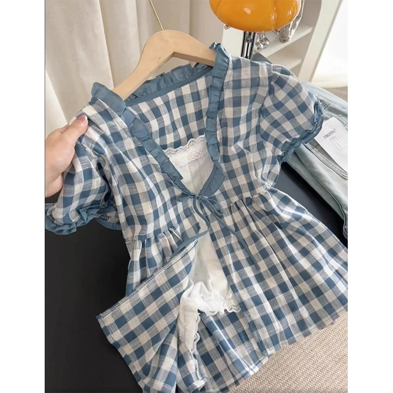 【现货】元气轻活风穿搭韩系格子短袖设计感显瘦拼接假两件上衣