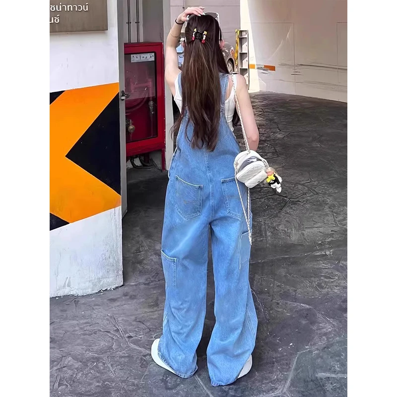 韩版复古时尚牛仔背带连体裤女2025夏季新款慵懒风宽松百搭阔腿裤