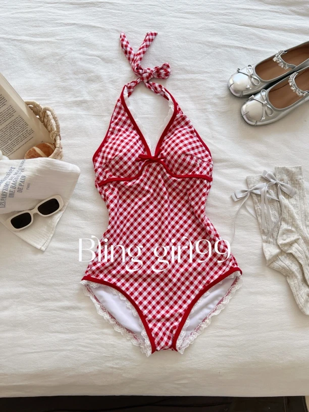 【莓莓果酱】女性红色格子连体泳衣遮肚适合温泉度假泳装游泳衣