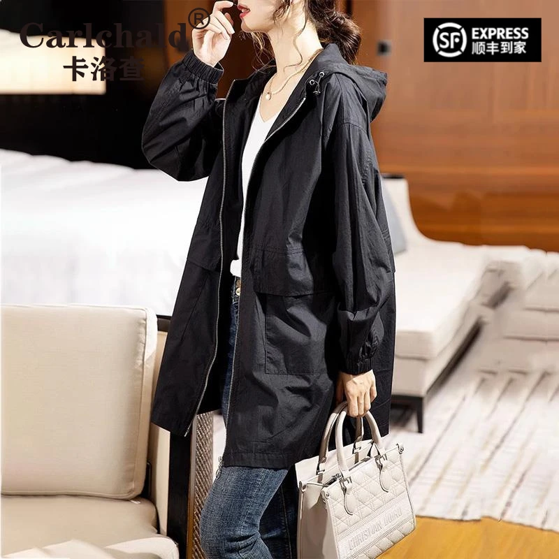 卡洛查（CARLCHALD）潮牌气质款连帽休闲风衣女春秋新款中长款大
