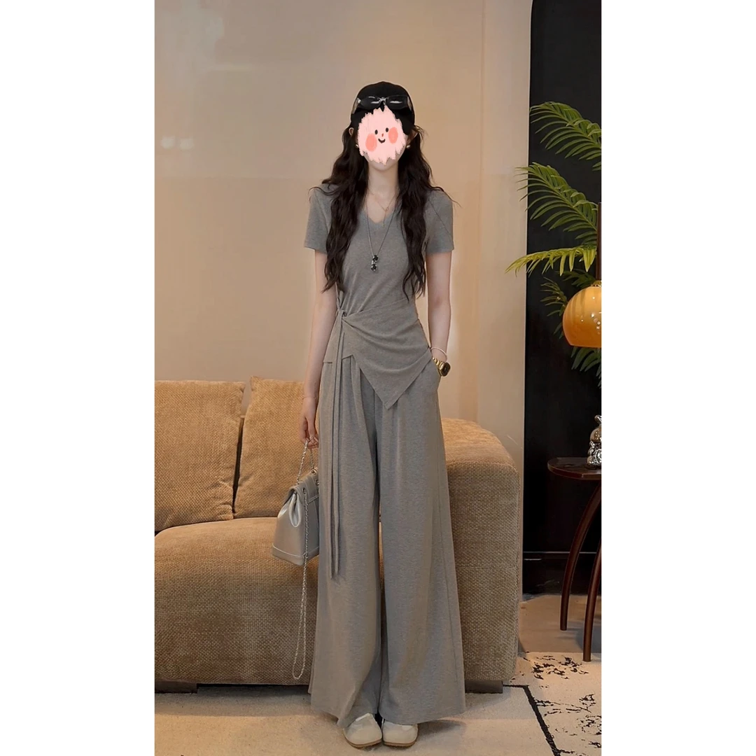 韩系气质高腰显瘦灰色阔腿裤女套装辣妹绑带设计感修身上衣两件套