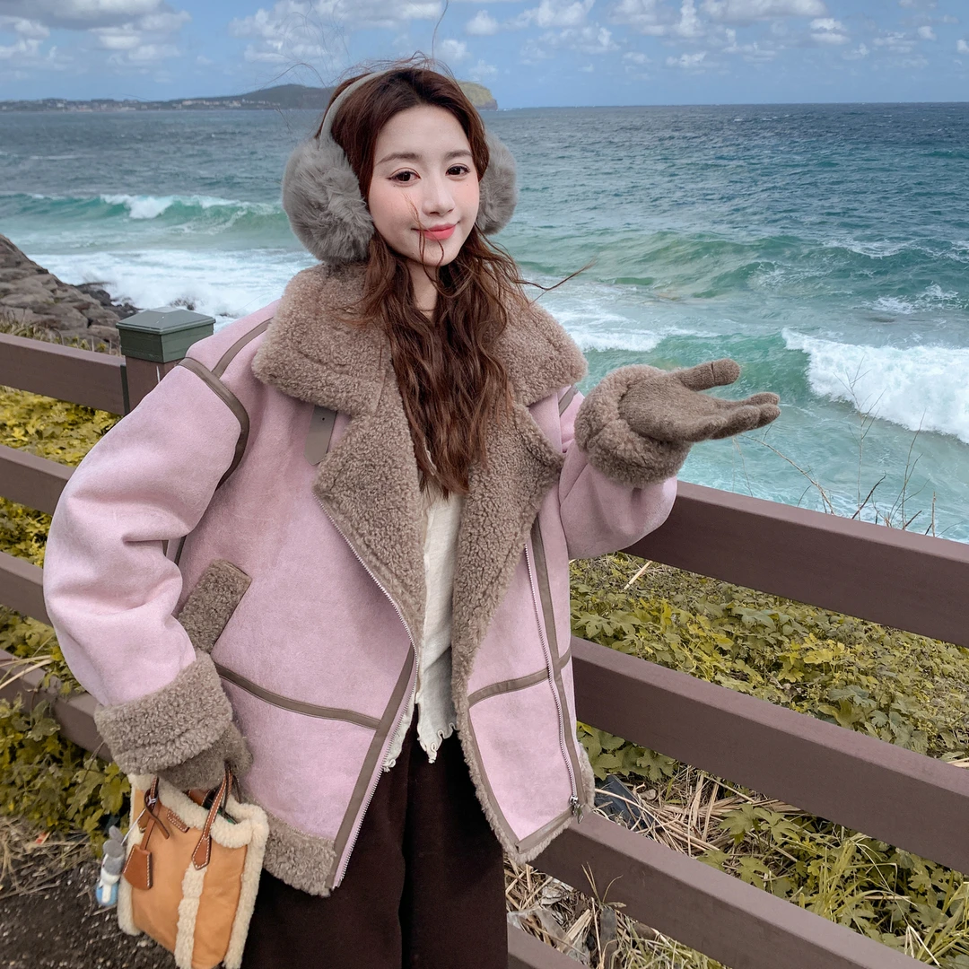 粉紫色皮毛一体羊羔毛外套女冬季2025新款甜美风加厚立领短款棉服