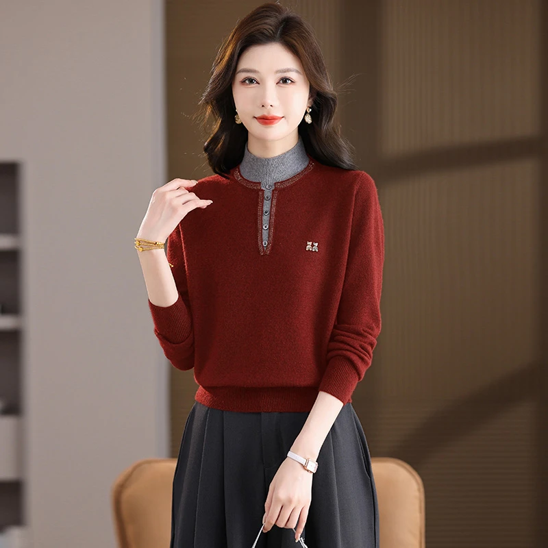 半高领假两件秋冬打底衫女高级感百搭气质套头毛衣长袖针织衫