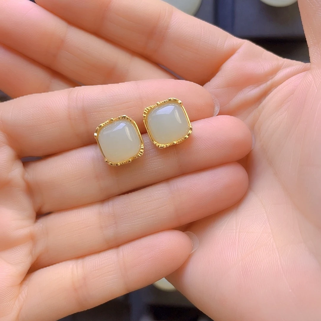 和田玉耳饰银S925镀金镶嵌