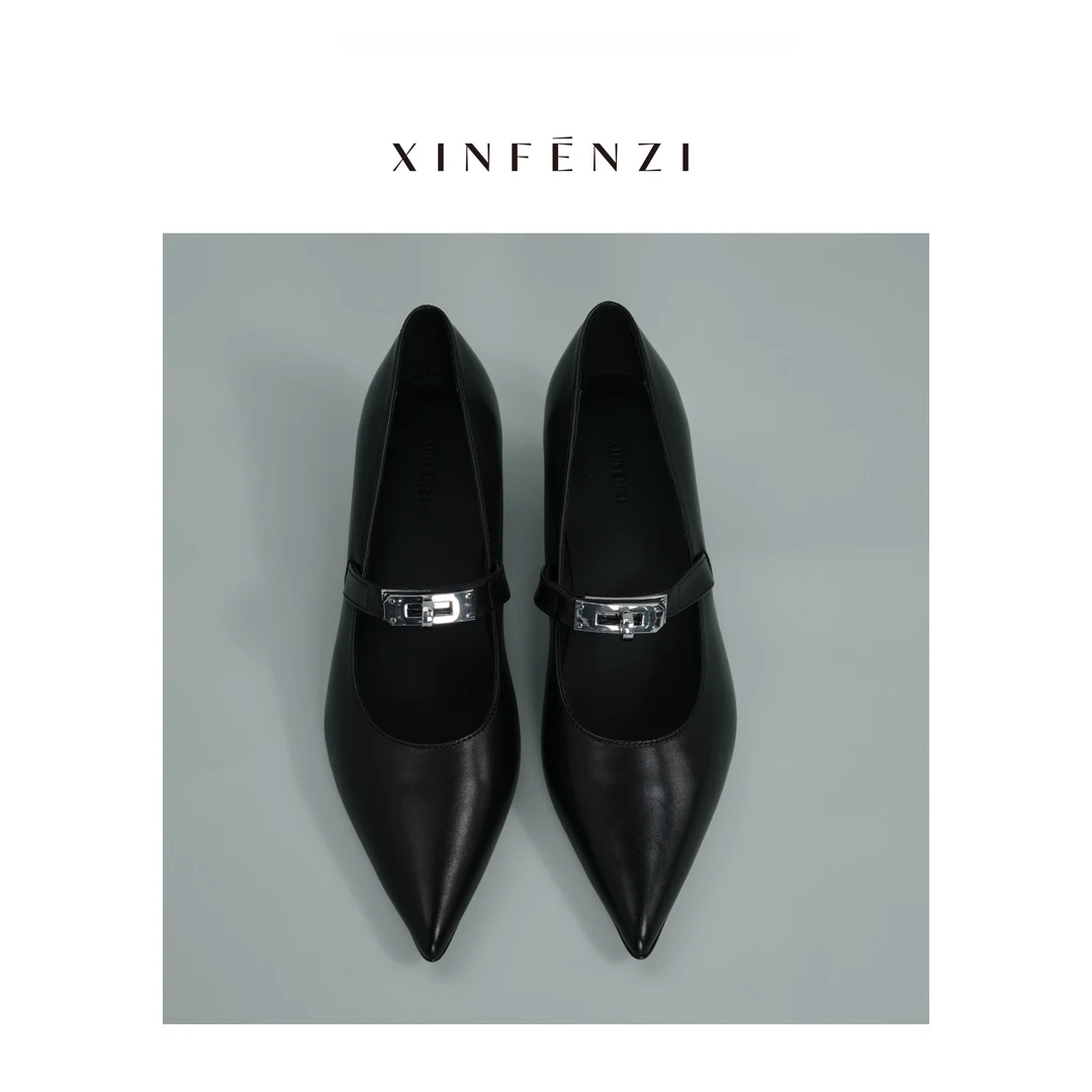 【小猫跟】XINFENZI 真皮玛丽珍尖头经典锁扣鞋 PS22192
