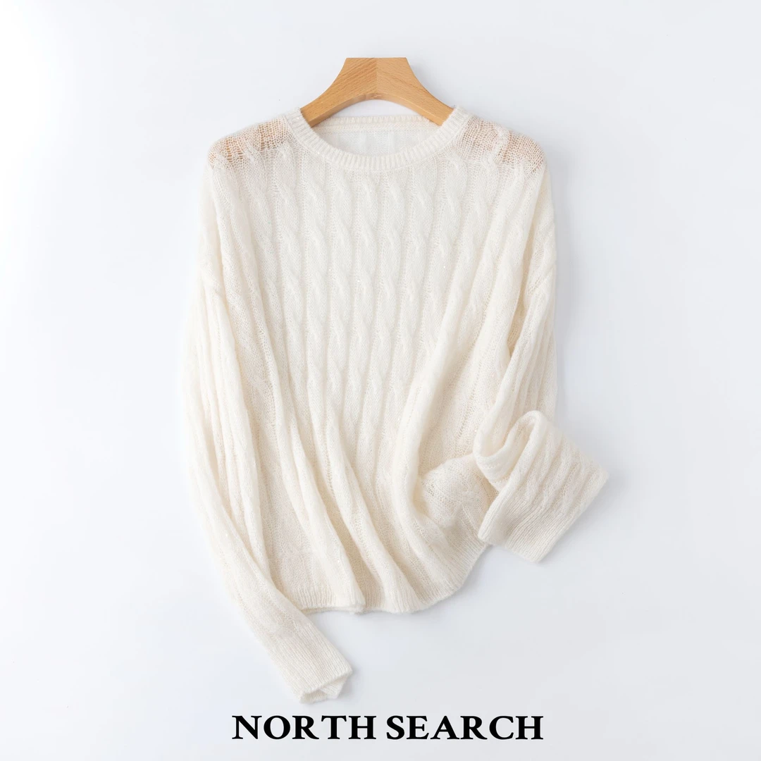 【北觅】桑蚕丝羊绒亮丝珠片绞花圆领针织衫长袖百搭镂空宽松早秋