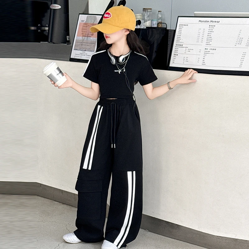 女童工装裤套装2025新款中大童洋气时髦炸街休闲上衣阔腿裤两件套