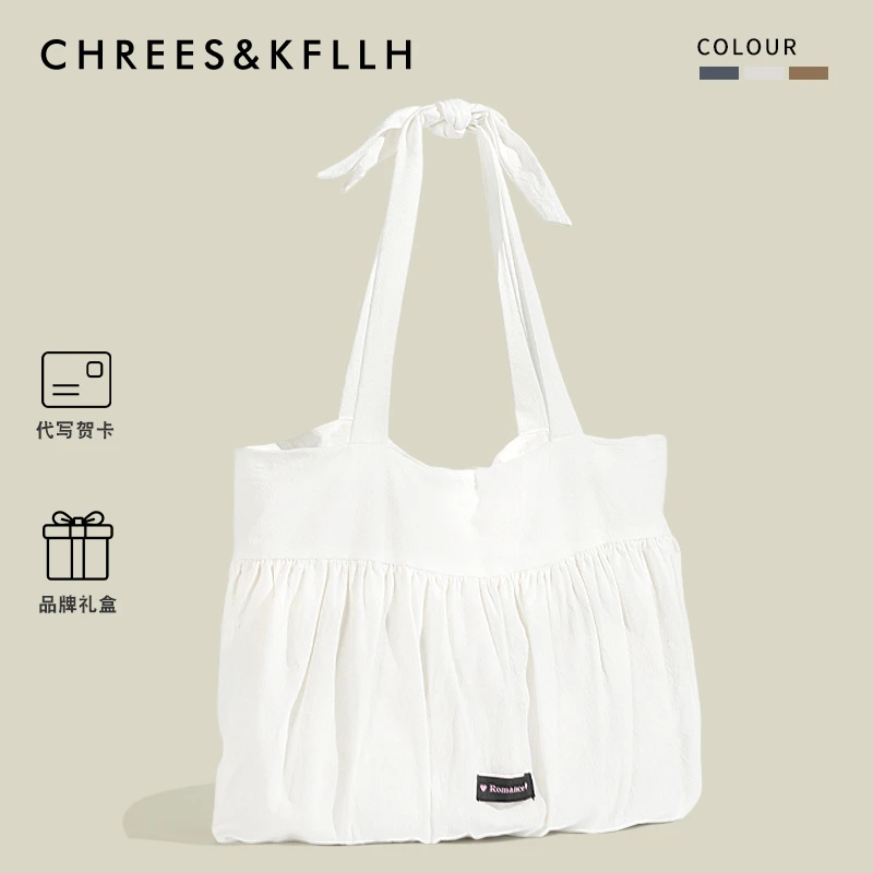 CHREES&KFLLH韩系褶皱系带托特包女2025新款大容量帆布学生单肩包