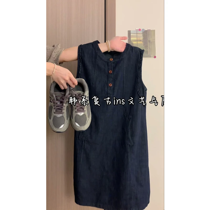 韩系chic文艺复古牛仔背心连衣裙女2025新款慵懒风无袖圆领短裙夏