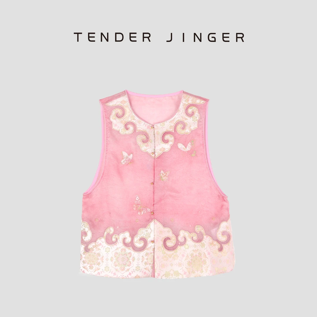 Tender Jinger【黑标】桑蚕丝真丝樱花粉蝴蝶无袖马甲T52GCC81129