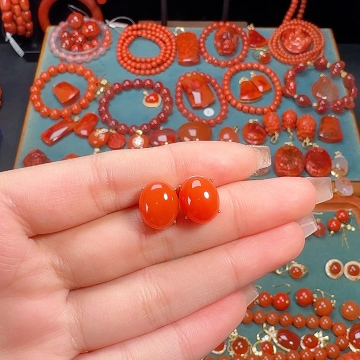 南红玛瑙银S925镶嵌顶货耳饰