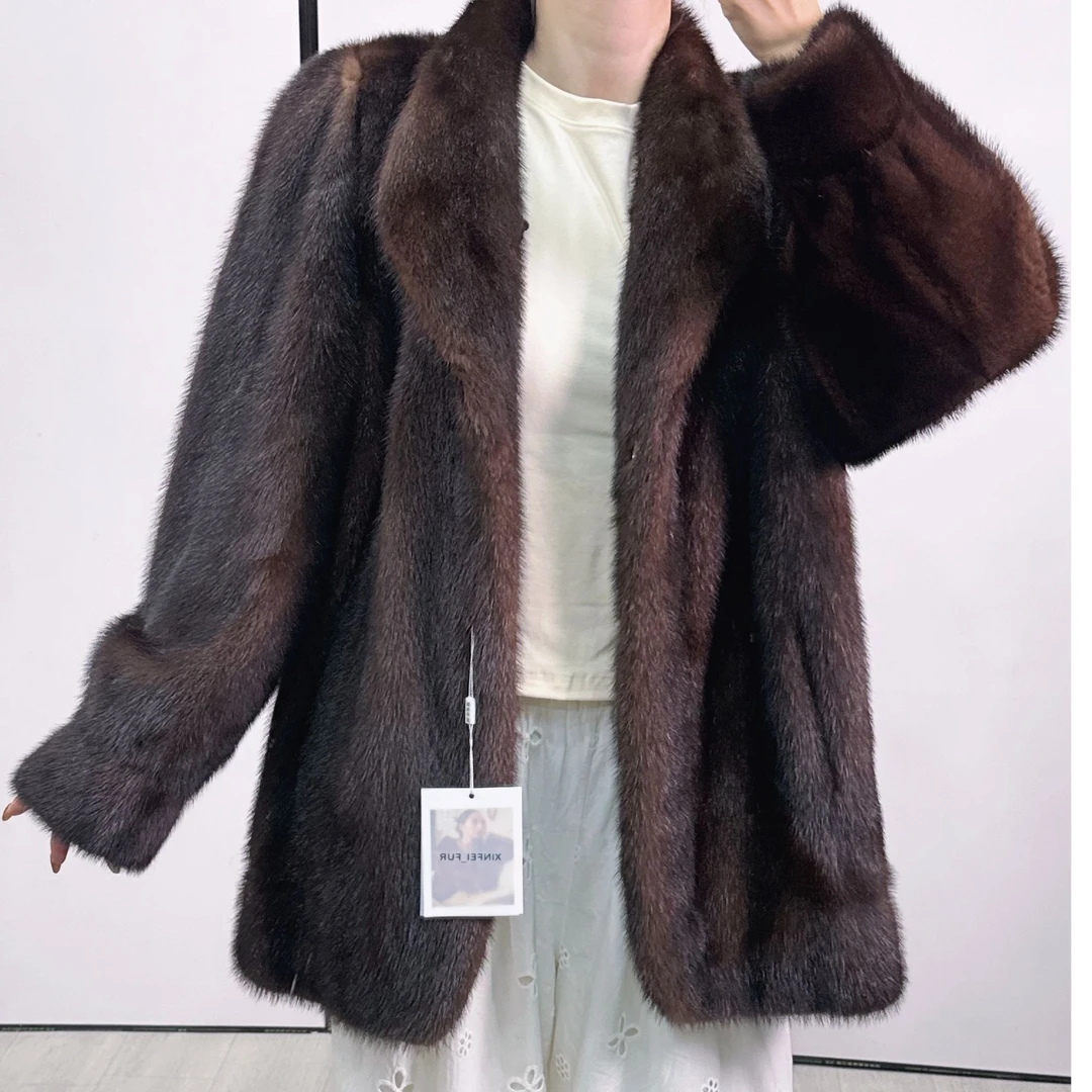 F130，XL，深咖啡色可立可翻领收口袖水貂外套