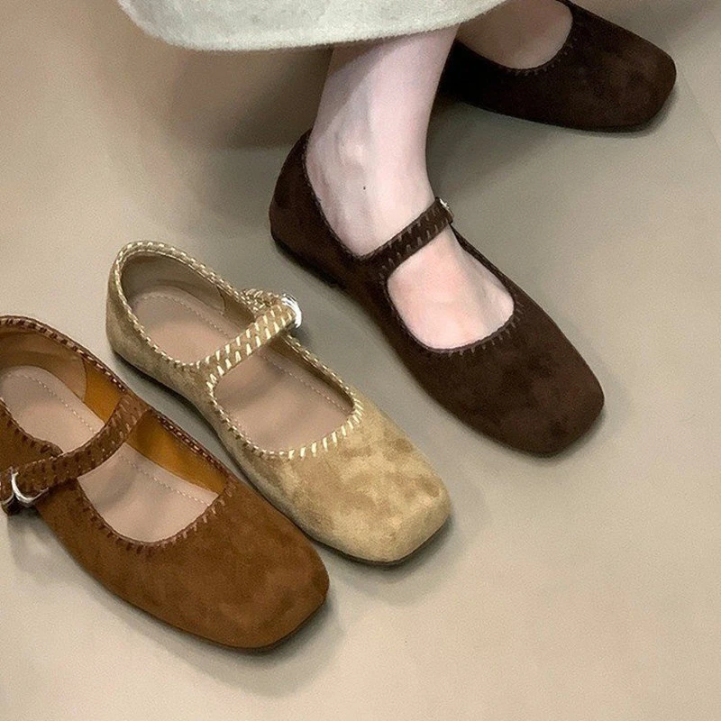 2025秋季复古一字扣玛丽珍平底单鞋女新款方头浅口软底芭蕾舞鞋