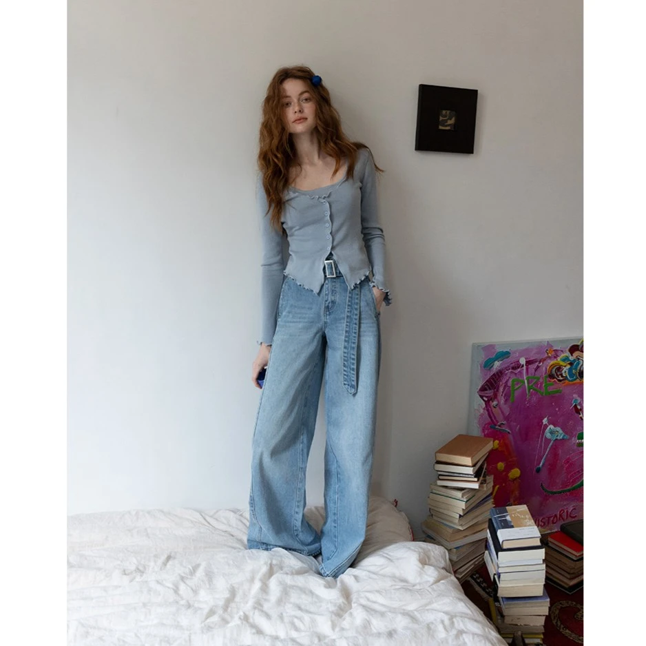 EGGKA 假两件吊带木耳边针织衫女春修身显瘦短款上衣 E24A8300AF