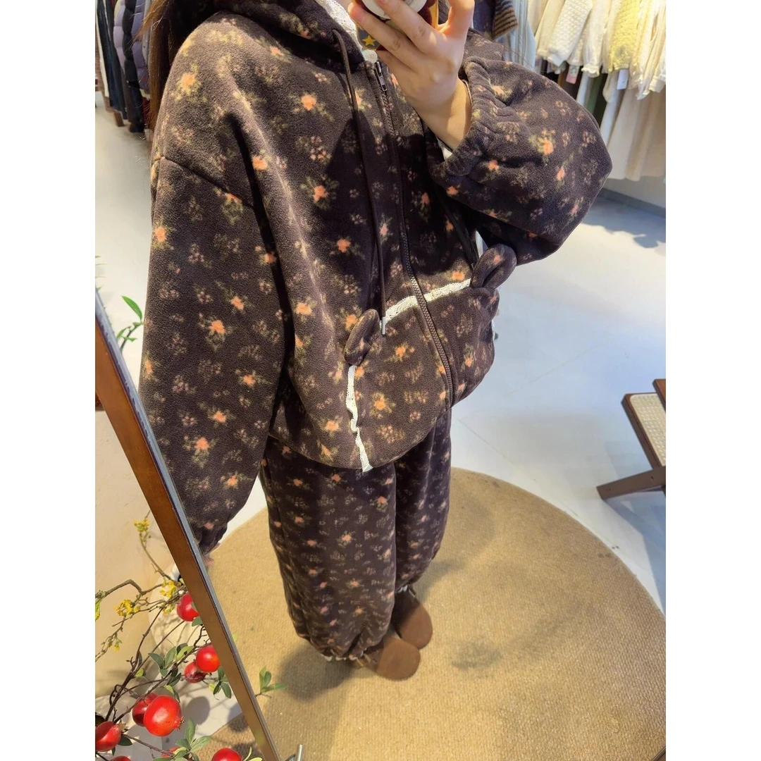 珊瑚绒花边长袖睡衣女冬季新款连帽开衫外套加厚毛茸茸家居服套装