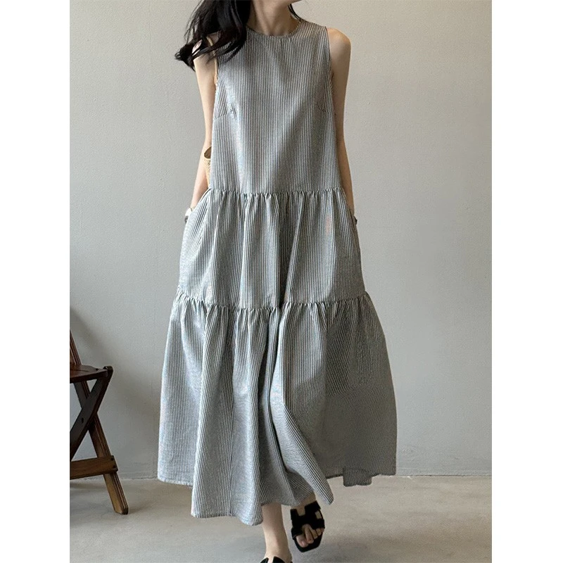 竖条纹无袖坎肩高智极简风蛋糕连衣裙侘寂风长裙冷淡系特别致裙子