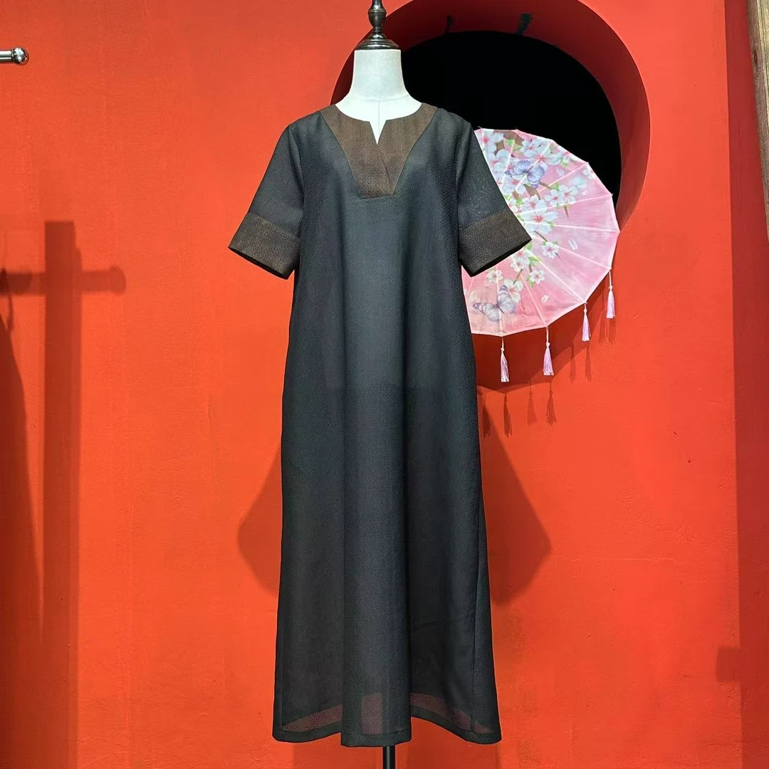 艾可原创 袍子款连衣裙  莨纱 万字纹 提花香云纱 长120起