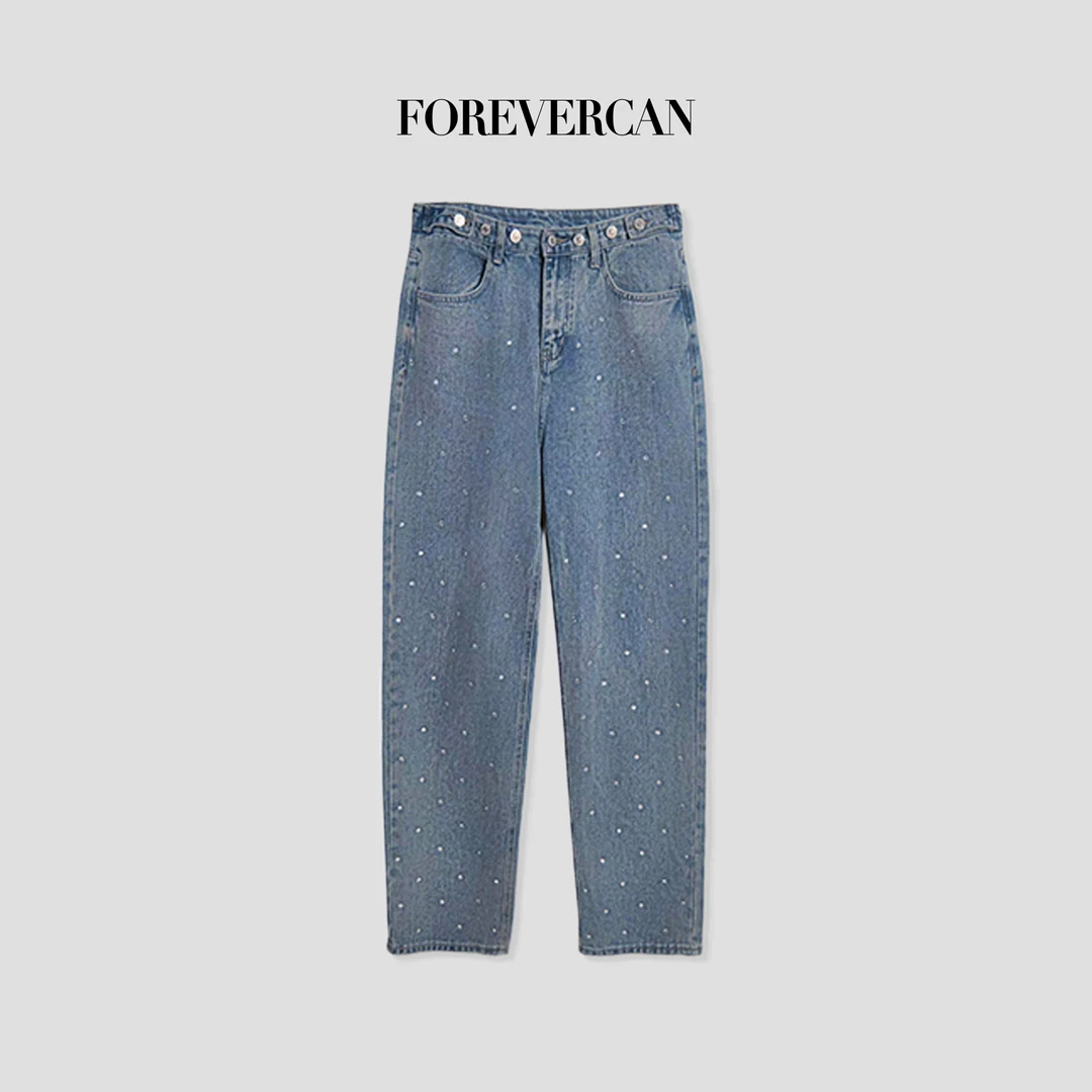 FOREVERCAN“海盐唱片”重磅施华洛烫钻直筒牛仔长裤 SP19175