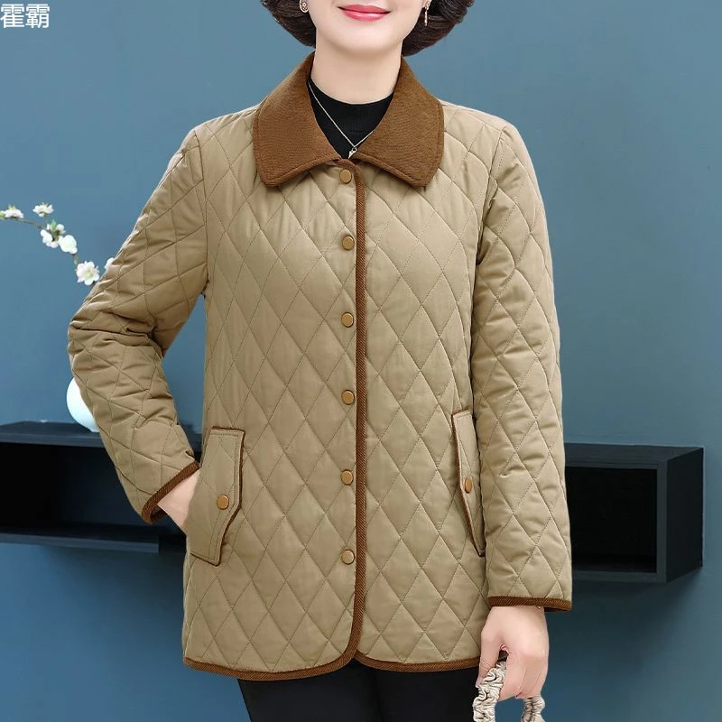 潮牌时尚新款春秋冬季薄款棉衣中老年妈妈优雅休闲气质宽松棉袄女